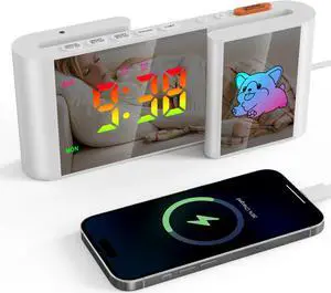 GIOFIMOK S-shaped Digital Alarm Clock, Dual Mirrored Display with Time and Cartoon  Little Dog, USB port, Easy Setting, Auto Dim, 12/24H, Fashional Clock for Bedroom, Living Room, Office and More.
