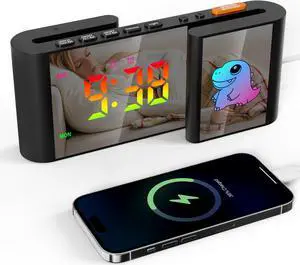 GIOFIMOK S-shaped Digital Alarm Clock, Dual Mirrored Display with Time and Cartoon Dinosaur, USB port, Easy Setting, Auto Dim, 12/24H, Fashional Clock for Bedroom, Living Room and More.
