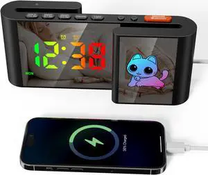 GIOFIMOK S-shaped Digital Alarm Clock, Dual Mirrored Display with Time and Cartoon  Little Cat, USB port, Easy Setting, Auto Dim, 12/24H, Fashional Clock for Bedroom, Living Room and More.