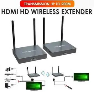 (Transmitter and Receiver Kit) Up to 656Ft, H.264 Wireless 1080P 60Hz Video Extender with Local Pass-through HDMI Loop-out  Transmitter Receiver Kit 200m with IR Remote