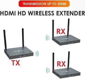 (1 Transmitter and 2 Receivers Kit) Up to 656Ft, H.264 Wireless 1080P 60Hz Video Extender with Local Pass-through HDMI Loop-out 1 Transmitter 2 Receivers Kit 200m with IR Remote