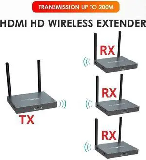 (1 Transmitter and 3 Receivers Kit) Up to 656Ft, H.264 Wireless 1080P 60Hz Video Extender with Local Pass-through HDMI Loop-out 1 Transmitter 3 Receivers Kit 200m with IR Remote