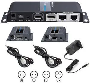 2-Port HDMI Splitter Over Cat6 1x2 1080P Extender With IR - 40M/131Ft, with HDMI Loop-Out Local Display POE Function with one Power Supply 2 Way