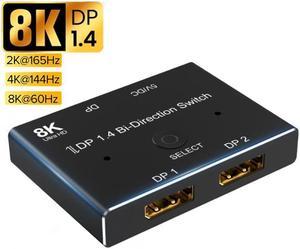 8K Displayport Splitter Switcher, 8K@60Hz DP 1.4 Switcher, Two-Way DP Switch Selector Box 2x1 or 1x2, 4K@120Hz Manual Display Port Splitter 2 in 1 Out for Computer Monitor Projector TV