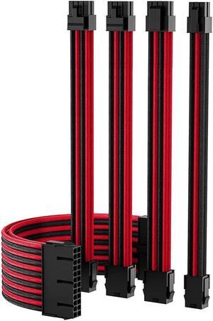 Black Red PSU Sleeved Cable, PC Power Supply Cable Extensions Kit with Combs, 18AWG 24 Pin ATX, 8 to 4+4 Pin EPS, Dual 8 to 6+2 Pin PCIE, 6 Pin PCIE, 30CM