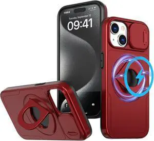 Fashion Case with Stander Wireless Charging Supported Case For iPhone 15 (6.1inch) (Red)