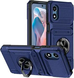 TYJKeJi Case with Card Holder Impact Resistant Ring Kickstand Shockproof Phone Cover Phone Case For Moto G Play 2024 (Blue)