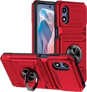 TYJKeJi Case with Card Holder Impact Resistant Ring Kickstand Shockproof Phone Cover Phone Case For Moto G Play 2024 (Red)