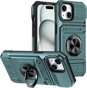 TYJKeJi Case with Card Holder Impact Resistant Ring Kickstand Shockproof Phone Cover Phone Case For iPhone 15 (Green)