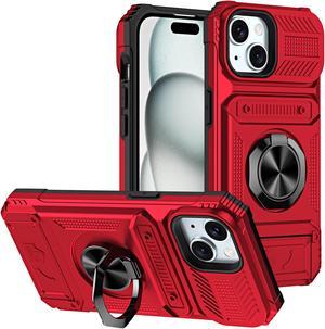 TYJKeJi Case with Card Holder Impact Resistant Ring Kickstand Shockproof Phone Cover Phone Case For iPhone 15 (Red)