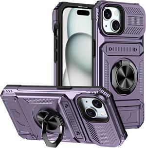 TYJKeJi Case with Card Holder Impact Resistant Ring Kickstand Shockproof Phone Cover Phone Case For iPhone 15 Plus (Purple)