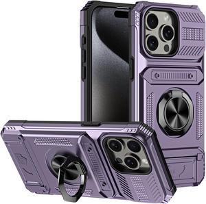 TYJKeJi Case with Card Holder Impact Resistant Ring Kickstand Shockproof Phone Cover Phone Case For iPhone 13 Pro Max (Purple)