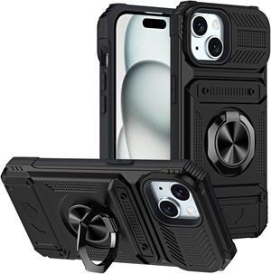 TYJKeJi Case with Card Holder Impact Resistant Ring Kickstand Shockproof Phone Cover Phone Case For iPhone 13 (Black)