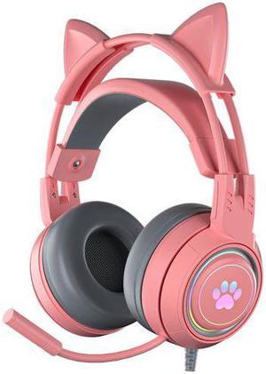 NewStyp Hot 2022 G25 Pink Cat Ear Cute Girl Gaming Headset With Mic ENC Noise Reduction 3.5mm Channel RGB Wired Headphone