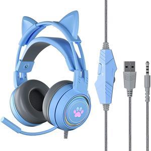 NewStyp Hot 2022 G25 Pink Cat Ear Cute Girl Gaming Headset With Mic ENC Noise Reduction 3.5mm Channel RGB Wired Headphone Blue