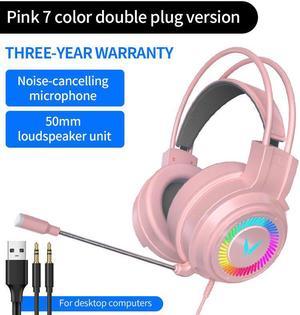 NewStyp Gaming Headsets Gamer Headphones Surround Sound Stereo Wired Earphones USB Microphone Colourful Light PC Laptop Game Headset Pink