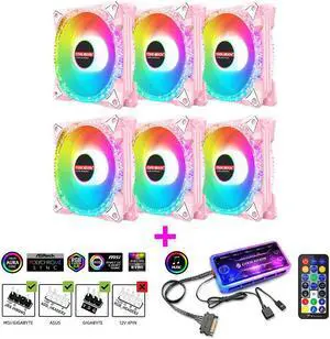 NewStyp 5V 3Pin ARGB Fans PC CPU Cooler Water Cooling 120mm Replace Computer Case Cooling RGB 12V 4Pin PWM Fan Accessories Pink 6 Packs