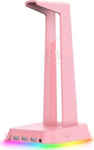 NEWSTYP RGB Gaming Headphone Stand Computer Headset Desktop Display Holder Luminous Logo with 3 USB and 3.5mm AUX Ports Pink