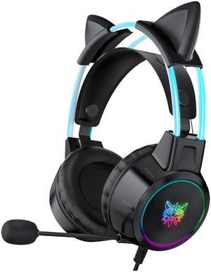 NEWSTYP Gamers Headset Cute Cat Ear Headphones With Microphone Gaming Headset HD Noise Reduction Over-ear Head Beam For PC Computer Laptop Black Cat Ear