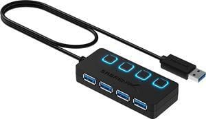 USB HUB, 4-Port USB 3.0 Hub with Individual Power Switches, LED Indicators Each Port , USB HUB Transfer Speeds up to 5Gbps, Compatible USB 2.0 / 1.1,Plug & Play and Hot Swappable