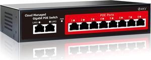Poe Switch, 10 Port Gigabit PoE+ Switch, Cloud Managed Gigabit Ethernet Switch, 8 Poe Ports @120W, 2 Uplink Ports, APP Smart Managed, Extend to 250M, Overload Protection w/ Port