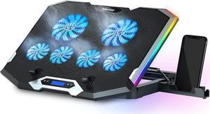 RGB Gaming Notebook Cooler, Laptop Fan Stand Adjustable Height with 6 Quiet Fans and Phone Holder, Computer Chill Mat, for 15.6-17.3 Inch Laptops - Blue LED Light