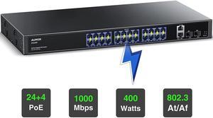 28-Port Gigabit PoE Switch with 24 x PoE 400W, 2 x Uplink Gigabit Ports, 2 x 1G SFP Slots, Rackmount or Desktop, PoE Recovery, Plug and Play, Fan Design,VLAN, 802.3 Af/at, Unmanaged (SG528P)