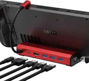 Docking Station Compatible with Steam Deck, 6-in-1 Steam Deck Dock with HDMI 2.0 4K@60Hz, Gigabit Ethernet, 3 USB-A 3.0 and Full Speed Charging USB-C Port Compatible with Valve Steam Deck Red