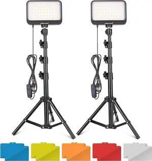 UBeesize LED Video Light Kit, 2Pcs Dimmable Continuous Portable Photography Lighting with Adjustable Tripod Stand & Color Filters for Tabletop/Low-Angle Shooting, for Zoom, Game Streaming, YouTube
