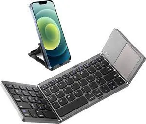 Multi-Device Foldable Bluetooth Keyboard with Touchpad Rechargeable Dual-Mode(2.4G+BTx2) Wireless Keyboard with Holder, Portable Ultra Slim Folding Keyboard for Android Windows iOS Mac OS