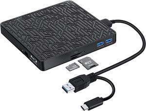 External blu ray Drive, USB3.0 Type-C External blu ray Burner Slim Optical CD DVD Drive Burner with SD/TF Card Reader/2 USB3.0 Hubs for pc Windows XP/7/8/10, MacOS, MacBook, Laptop, Desktop