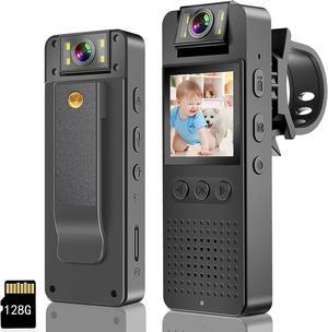 Body Camera with 1080P HD Recording,1.4 in Screen Recorder Built-in 128GB Card ,Night Vision lighting 7HR Battery Life Wearable Police Cam for outdoor,Home,sports,Pet Records,Security,Work Records