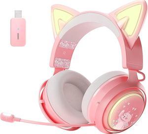 SOMIC GS510 Cat Ear Headset Wireless Gaming Headset for PS5/ PS4/ PC, Pink Headset 2.4G with Retractable Mic, 7.1 Stereo Sound, 8Hrs Playtime, RGB Lighting for Girls (Xbox Only Work in Wired Mode)
