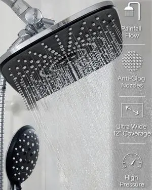 Veken 12 Inch High Pressure Rain Shower Head -Shower Heads with 5 Modes Handheld Spray Combo- Wide RainFall shower with 70" Hose & Bracket- Adjustable Dual Showerhead with Anti-Clog Nozzles - Chrome