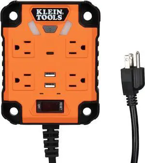 Klein Tools 29601 Magnetic Power Strip with Surge Protector, 4 Outlets, 3 USB Ports, 5-Foot Cord, Power Supply Box with Light, PowerBox 1