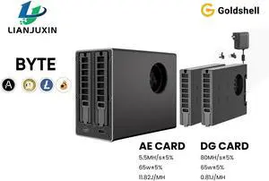 Goldshell Byte High-Performance Crypto Miner  Efficient, Compact, and User-Friendly Mining Solution Includes two AE cards and a 140W power adapter.