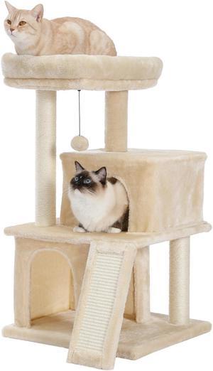 Modern Small Cat Tree Cat Tower With Double Condos Spacious Perch Sisal Scratching Posts,Climbing Ladder and Replaceable Dangling Balls Beige