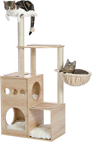 Modern Luxury Cat Tree Wooden Multi-Level Cat Tower Cat Sky Castle With 2 Cozy Condos, Cozy Perch, Spacious Hammock And Interactive Dangling Ball
