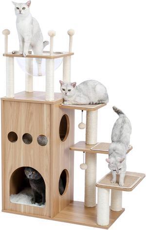 Modern Wooden Cat Tree Multi-Level Cat Tower With Fully Sisal Covering Scratching Posts, Deluxe Condos And Large Space Capsule Nest