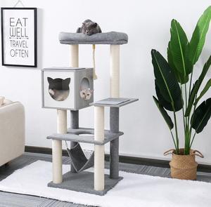 Cat Tree 52 Inches Multi-Level Modern Wooden Cat Tower with Hammock and Scratching Posts and Cat Condo for Adult Cats Gray