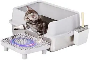 Stainless Steel Cat Litter Box with Lid, Extra Large Litter Pan with High Sides for Big Cats, Kitty Litter Box with Pedal Filter and Scoop, No Odor, Non-Sticky, Anti-Leakage, Easy Cleaning, Gray
