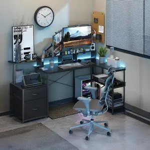 akuyao L Shaped Gaming Desk with File Drawer, 73" Reversible L Shaped Computer Desk with Power Outlet & LED Lights, Storage Shelves and Monitor Stand Corner Desk BLACK