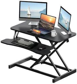 32 Inch Desk Converter, Height Adjustable Sit to Stand Riser, Dual Monitor and Laptop Workstation with Wide Keyboard Tray, Black