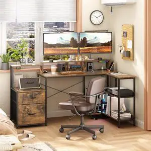 L Shaped Gaming Desk with File Drawer, 73" Reversible L Shaped Computer Desk with Power Outlet & LED Lights, Storage Shelves and Monitor Stand Corner Desk RUSTIC BROWN