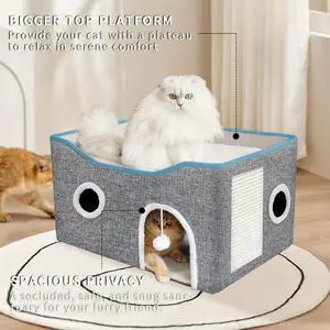 Extra-Wide Cat House for Indoor Cats - Large Cat Cave for Pet Cat House with Fluffy Ball Hanging and Scratch Pad, Foldable Cat Hideaway for Multi Cats