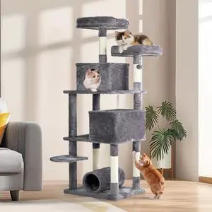 65 inch Cat Tree Cat Tower for Indoor Cats, Large Multi-Level Cat Play House Condo Furniture with Padded Platform Beds, Large Cozy Condos, Sisal Scratching Posts, Toy Balls and Cat Play Tunnel, Dark