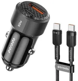 Porodo 50W Dual Port Car Charger PD 20W QC 30W with C to C Cable - Black