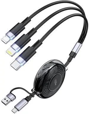 100W 6-in-1 Retractable Charging Cable, Type C/Lightning/Micro USB Multi Charger Cords for iPhones, iPads, MacBook, Tablets, Galaxy, Note & More - 4Ft/1.2M 5A Fast Charging, Durable & Portable, Black