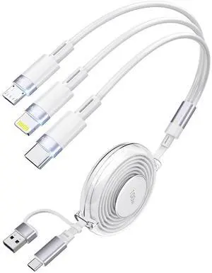 100W 6-in-1 Retractable Charging Cable, Tpye C/Lightning/Micro USB Multi Charger Cords for iPhones, iPads, MacBook, Tablets, Galaxy, Note & More - 4Ft/1.2M 5A Fast Charging, Durable & Portable, White