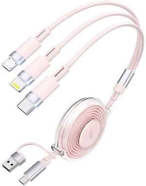 100W 6-in-1 Retractable Charging Cable, Tpye C/Lightning/Micro USB Multi Charger Cords for iPhones, iPads, MacBook, Tablets, Galaxy, Note & More - 4Ft/1.2M 5A Fast Charging, Durable & Portable, Pink